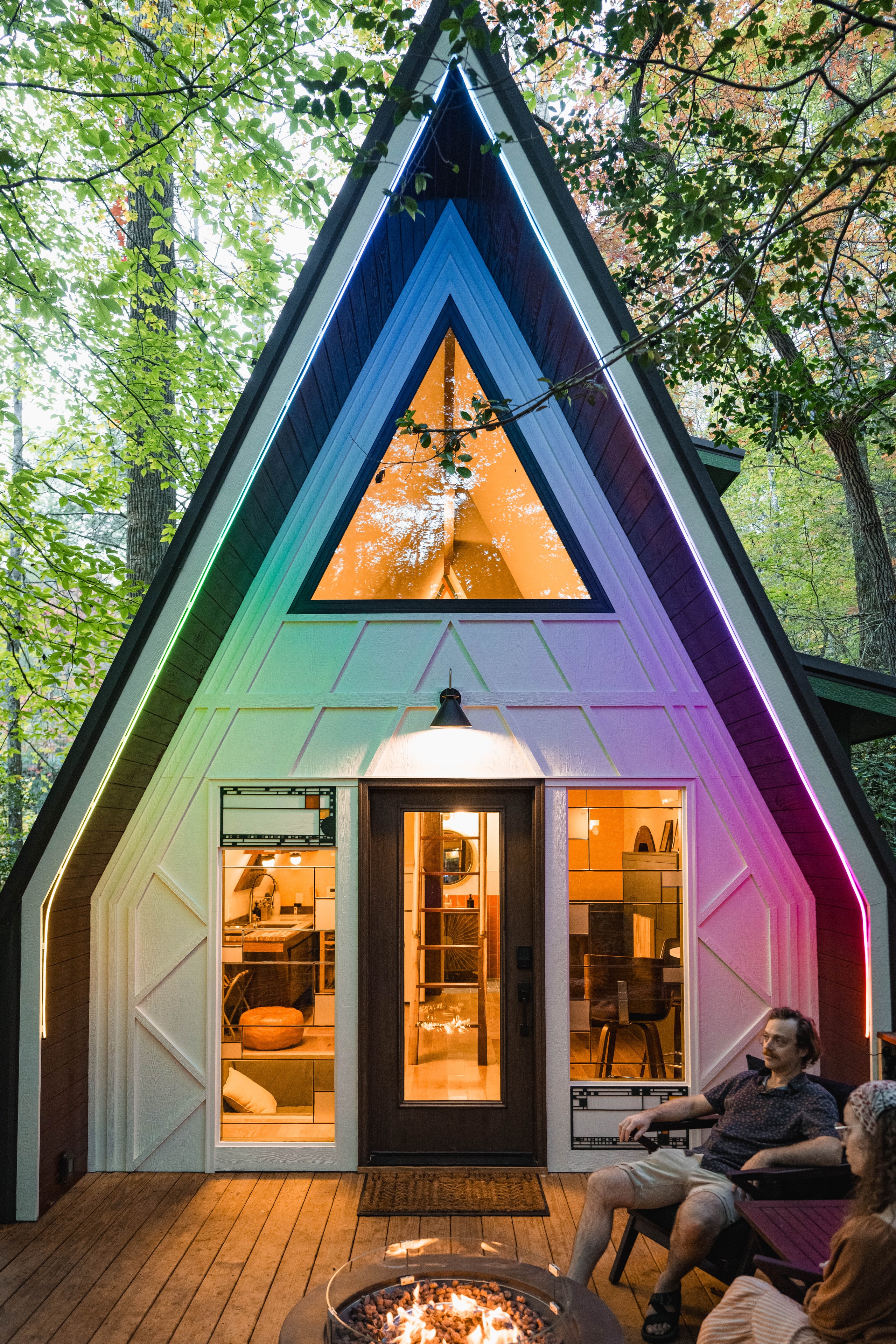 A-frame Creator Villa cabin with neon lighting at Wunderland Resort